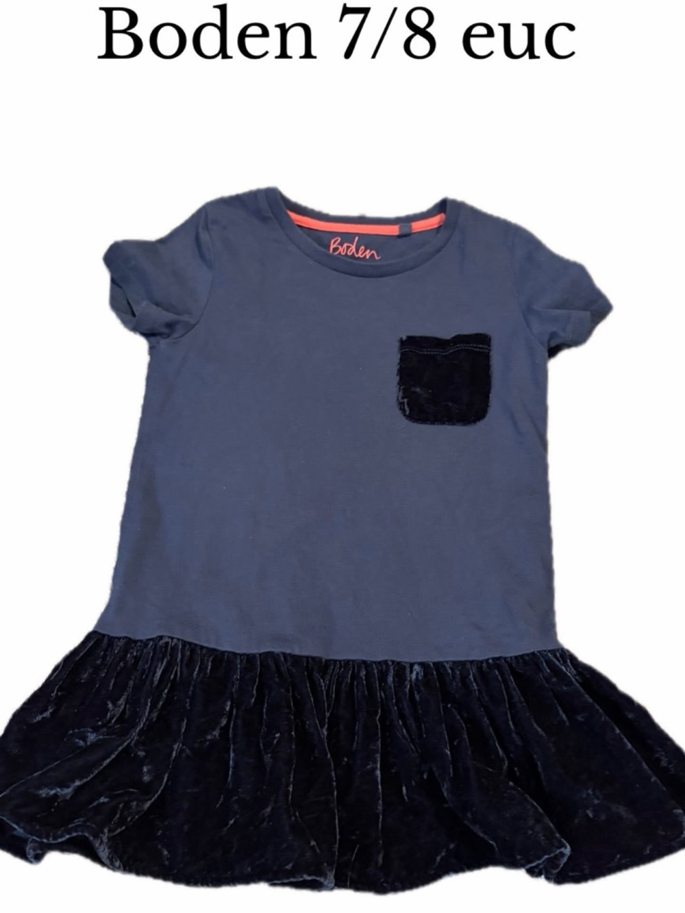 Mini boden 7/8 blue dress with velour skirt and pocket
